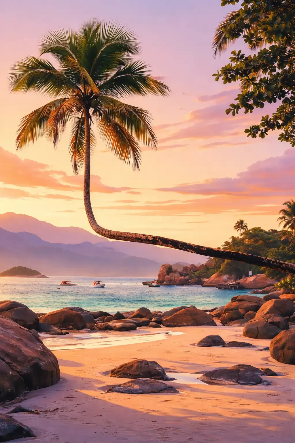 Curved palm tree above a rocky tropical beach with boats on clear water