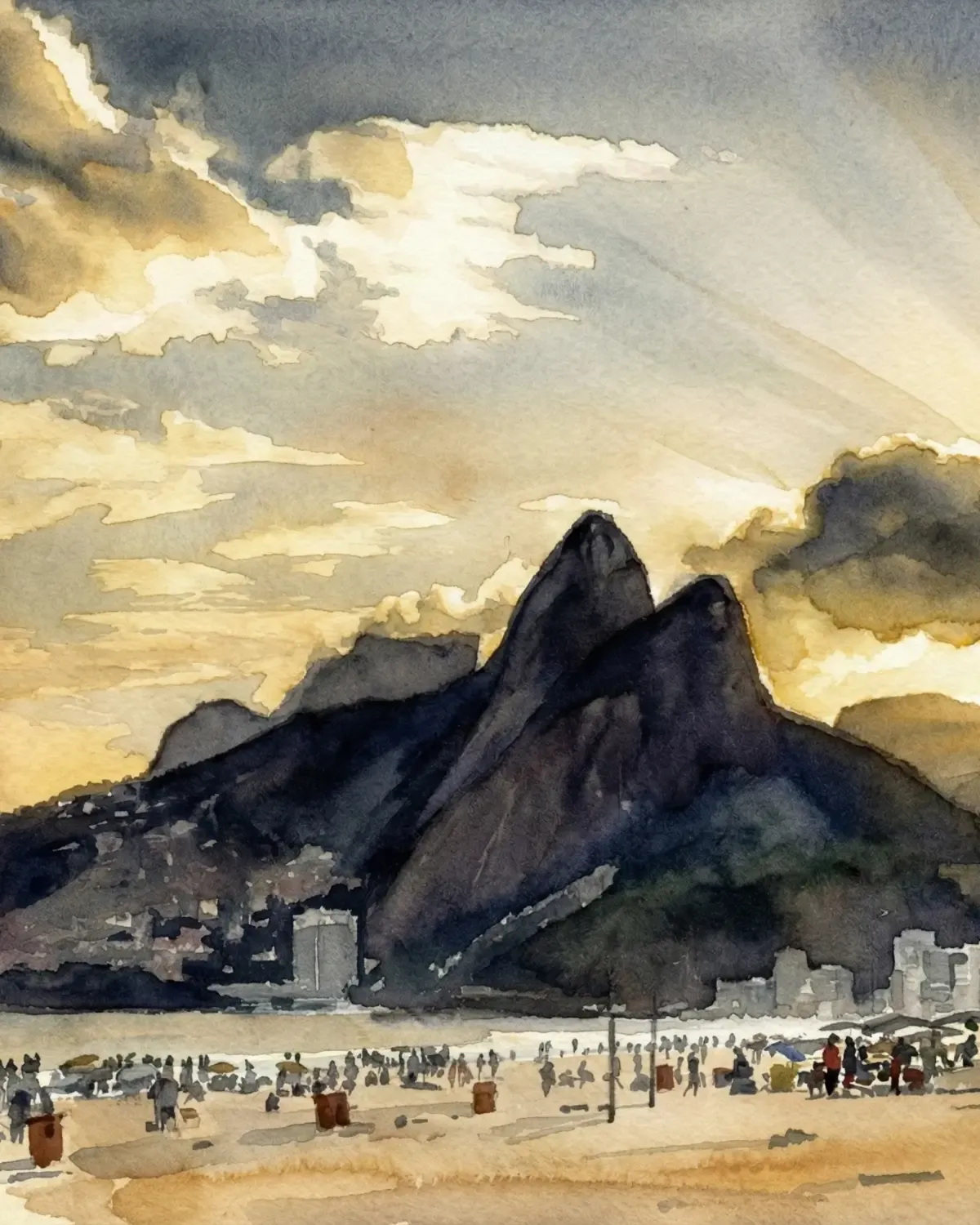 Watercolor view of the Two Brothers mountains above Ipanema Beach