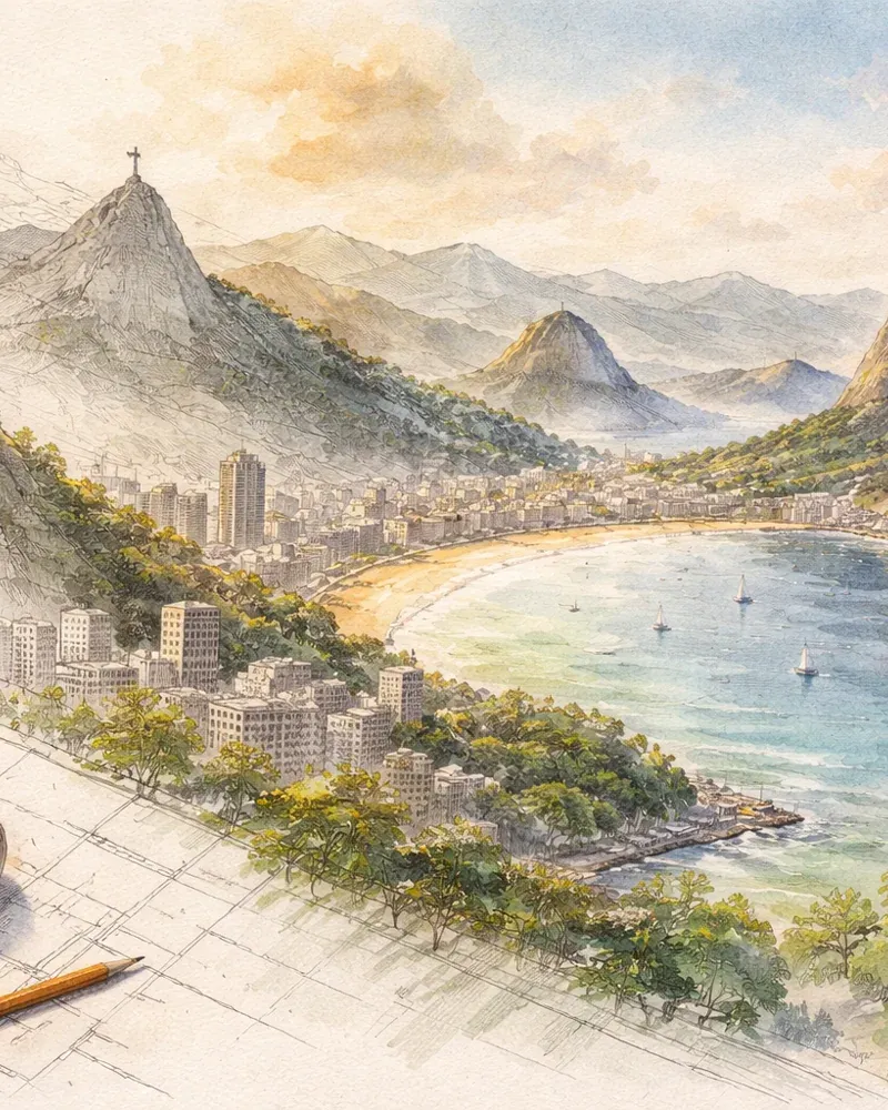 Watercolor sketch of Rio with Christ the Redeemer, Sugarloaf Mountain and sailboats on the bay
