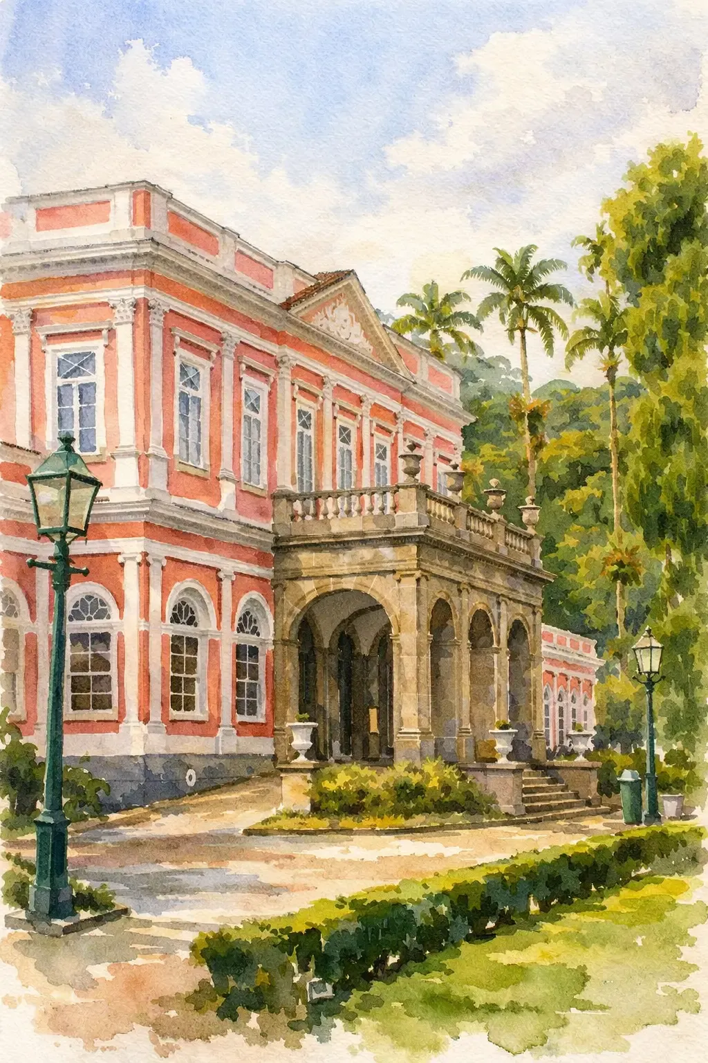 Watercolor of a pink historic building surrounded by trees in Petrópolis