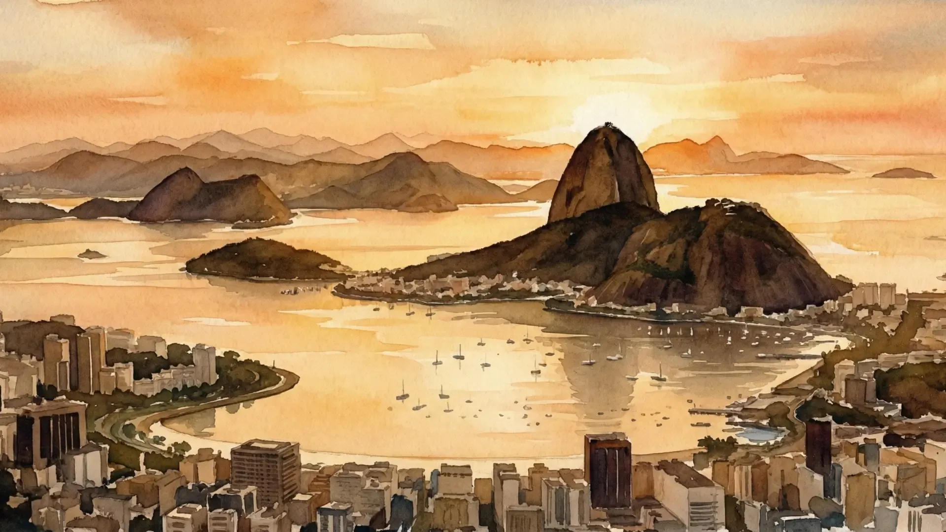 Watercolor view of Rio de Janeiro with Sugarloaf Mountain and Guanabara Bay