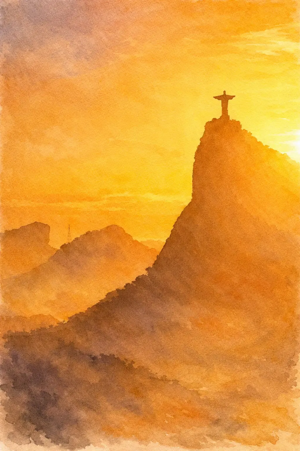 Watercolor silhouette of Christ the Redeemer above Rio’s mountains in golden light