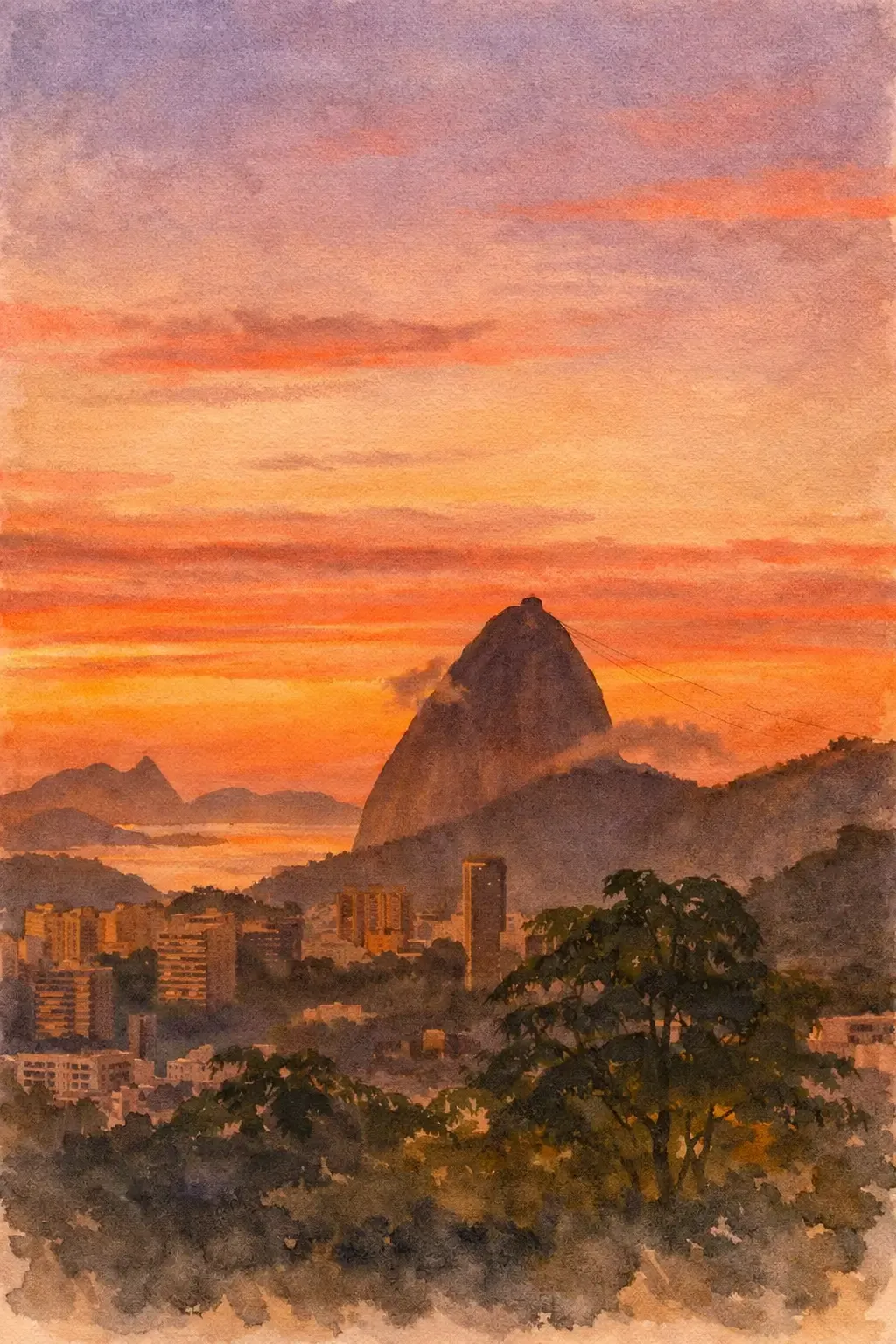 Watercolor of Sugarloaf Mountain and Rio’s skyline beneath an orange sunset